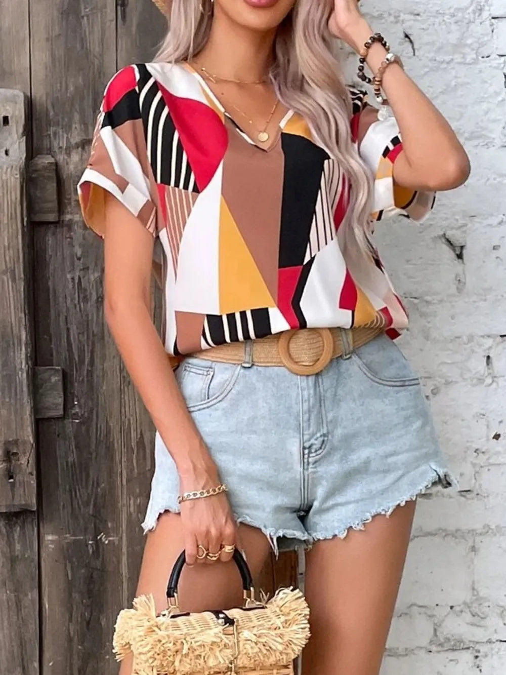 Printed V-neck Short Sleeve Blouse (4)