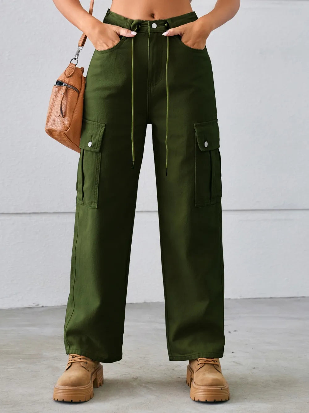 Drawstring Mid-rise Waist Straight Cargo Jeans (9)