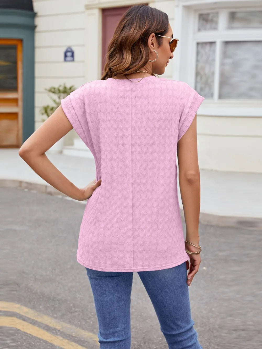 Textured Round Neck Cap Sleeve T-shirt (11)