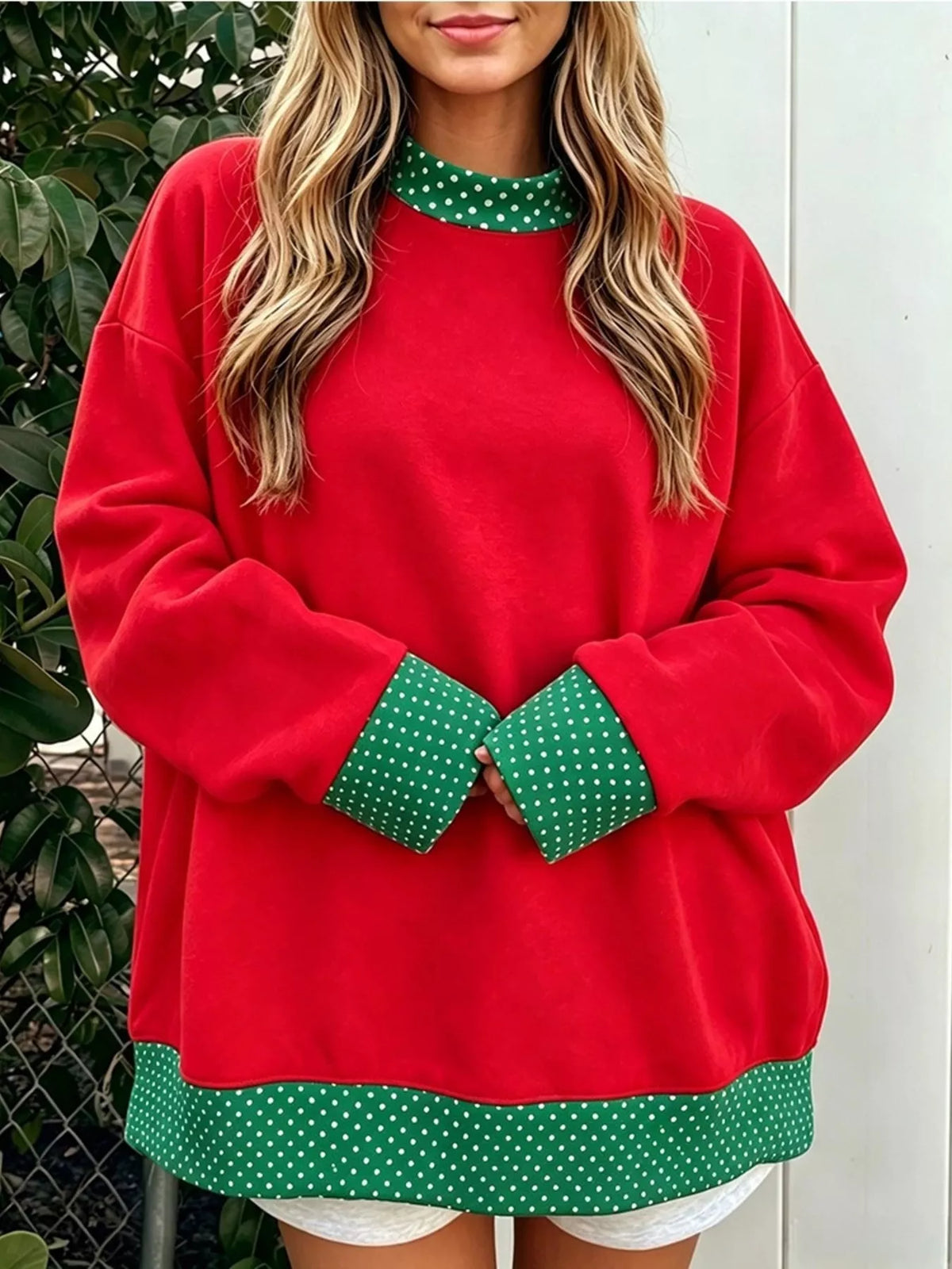 Polka Dot Contrast Trim Dropped Shoulder Sweatshirt (2)