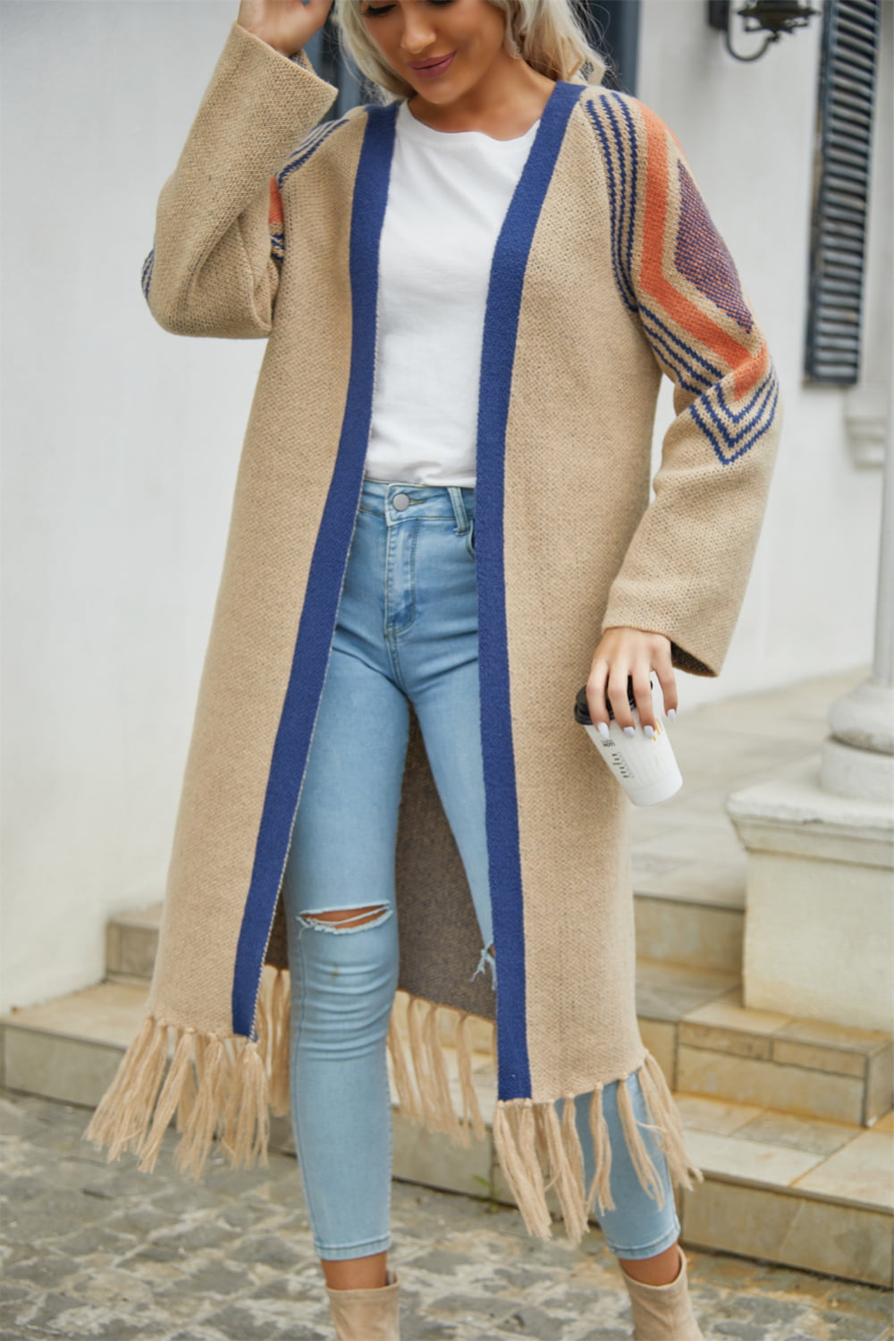 Geometric Fringe Hem Open Front Duster Cardigan (7)