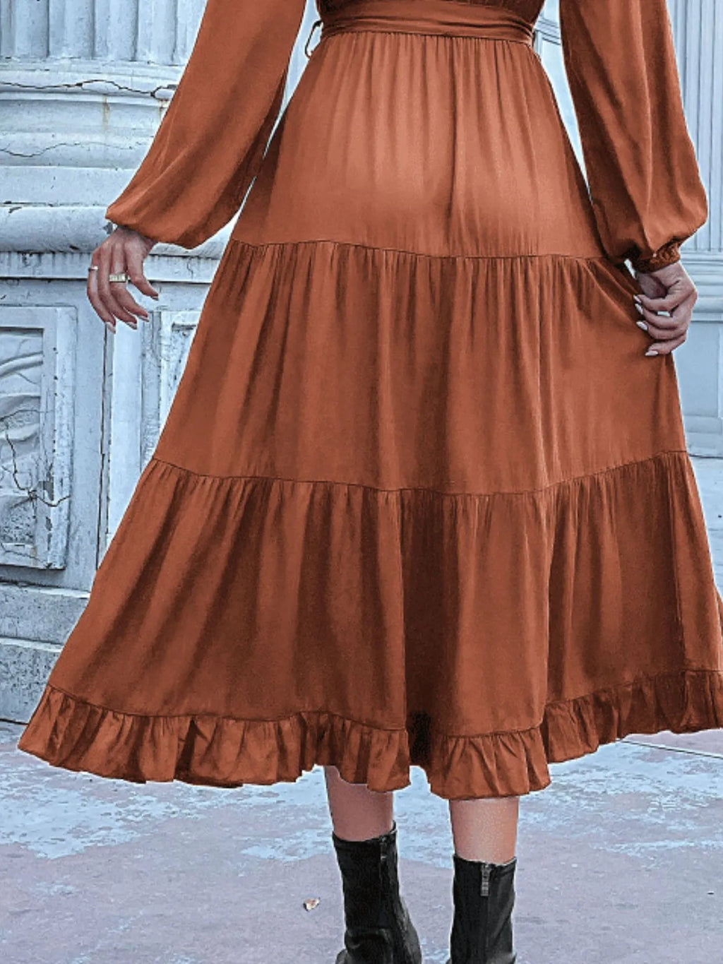 Ruffled Hem V-neck Balloon Sleeve Dress (17)