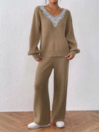 V-neck Sweater Pants Set (2)