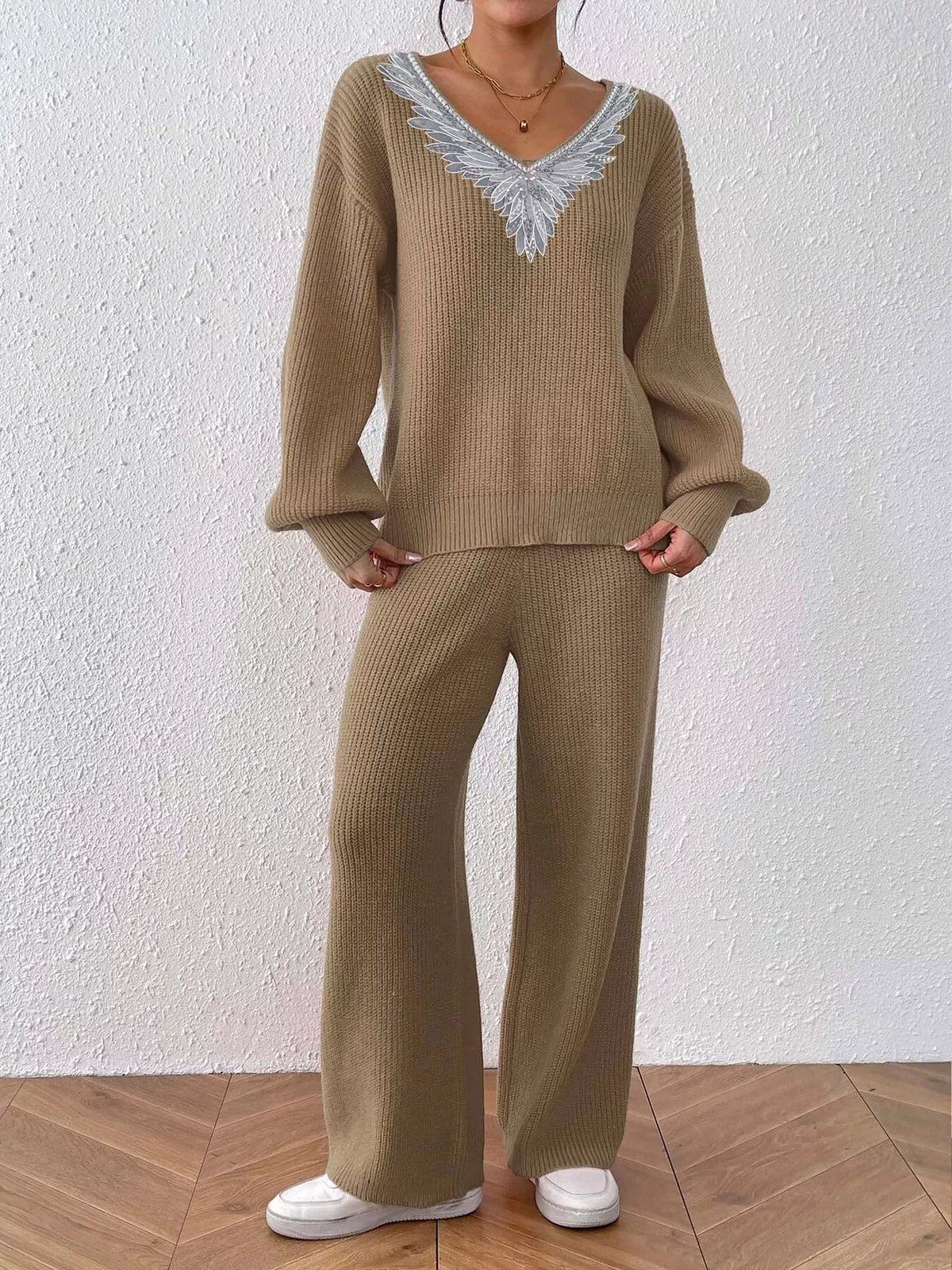 V-neck Sweater Pants Set (2)