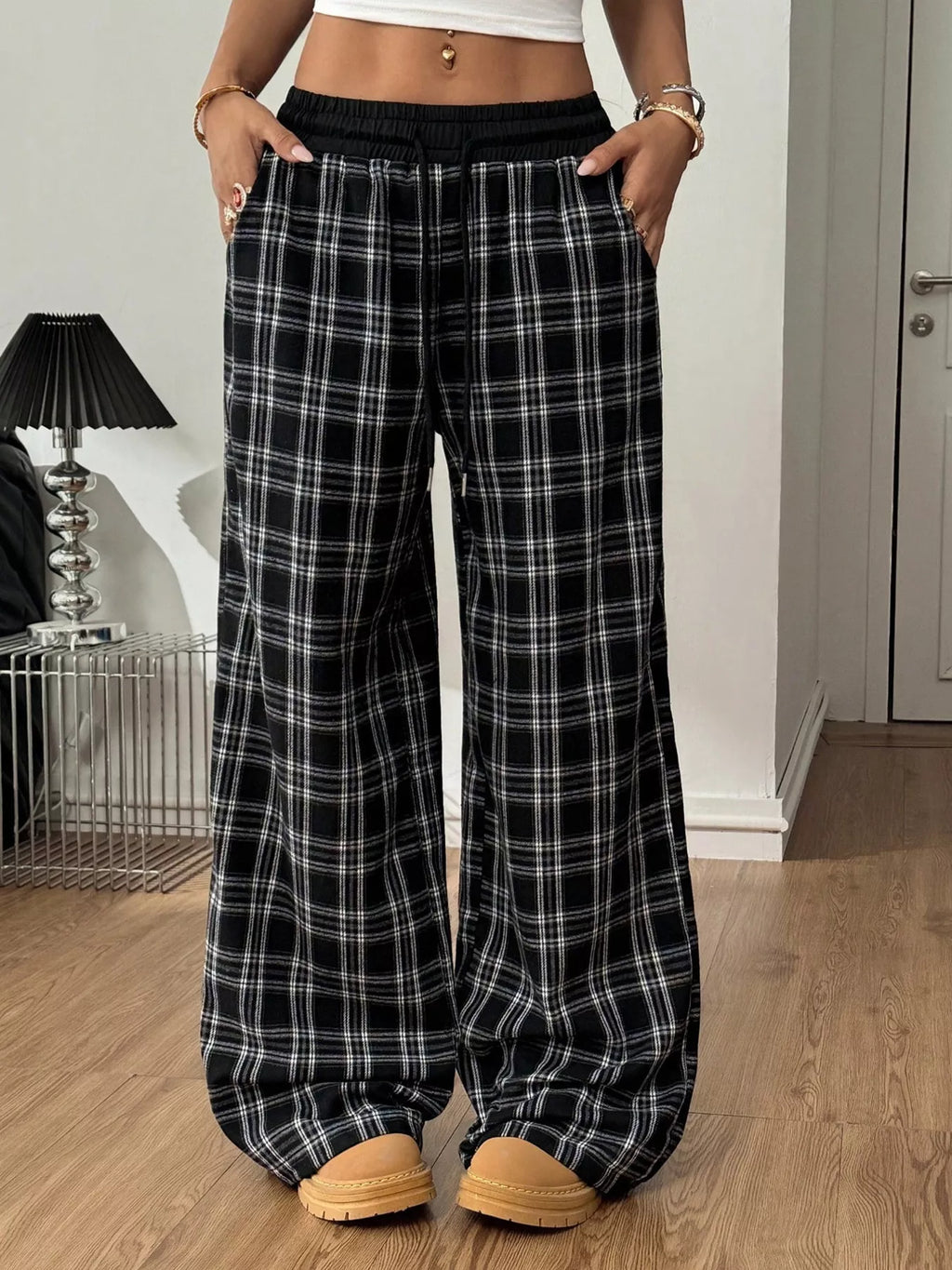 Plaid Wide-leg Pants Elastic Waistband (2)