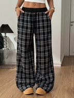 Plaid Wide-leg Pants Elastic Waistband (2)