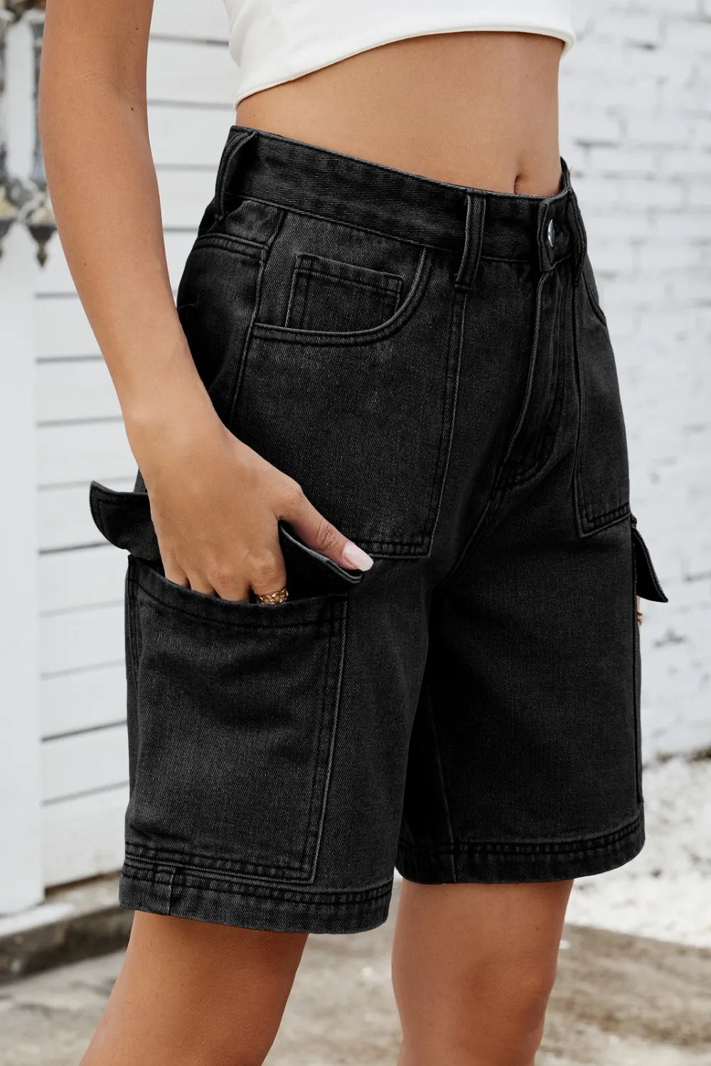 High Rise Denim Shorts Cargo Pockets (13)