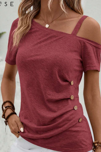 Emery Rose Asymmetrical Collar Button Detail T-shirt (2)