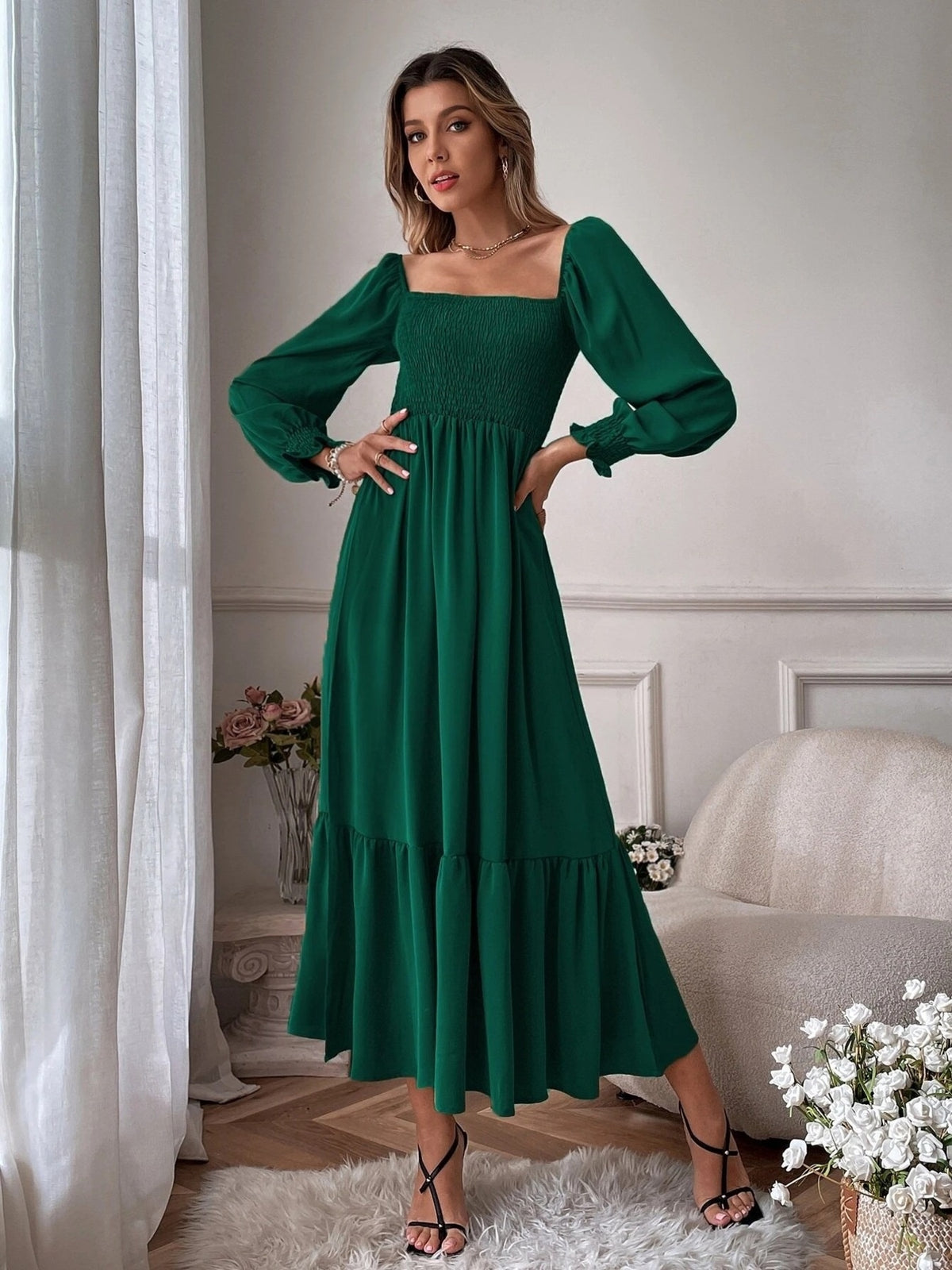 Smocked Long Sleeve Midi Dress (4)