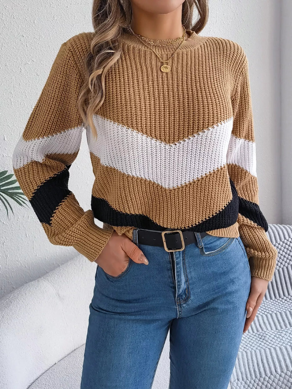 Chevron Stripe Block Round Neck Sweater (17)