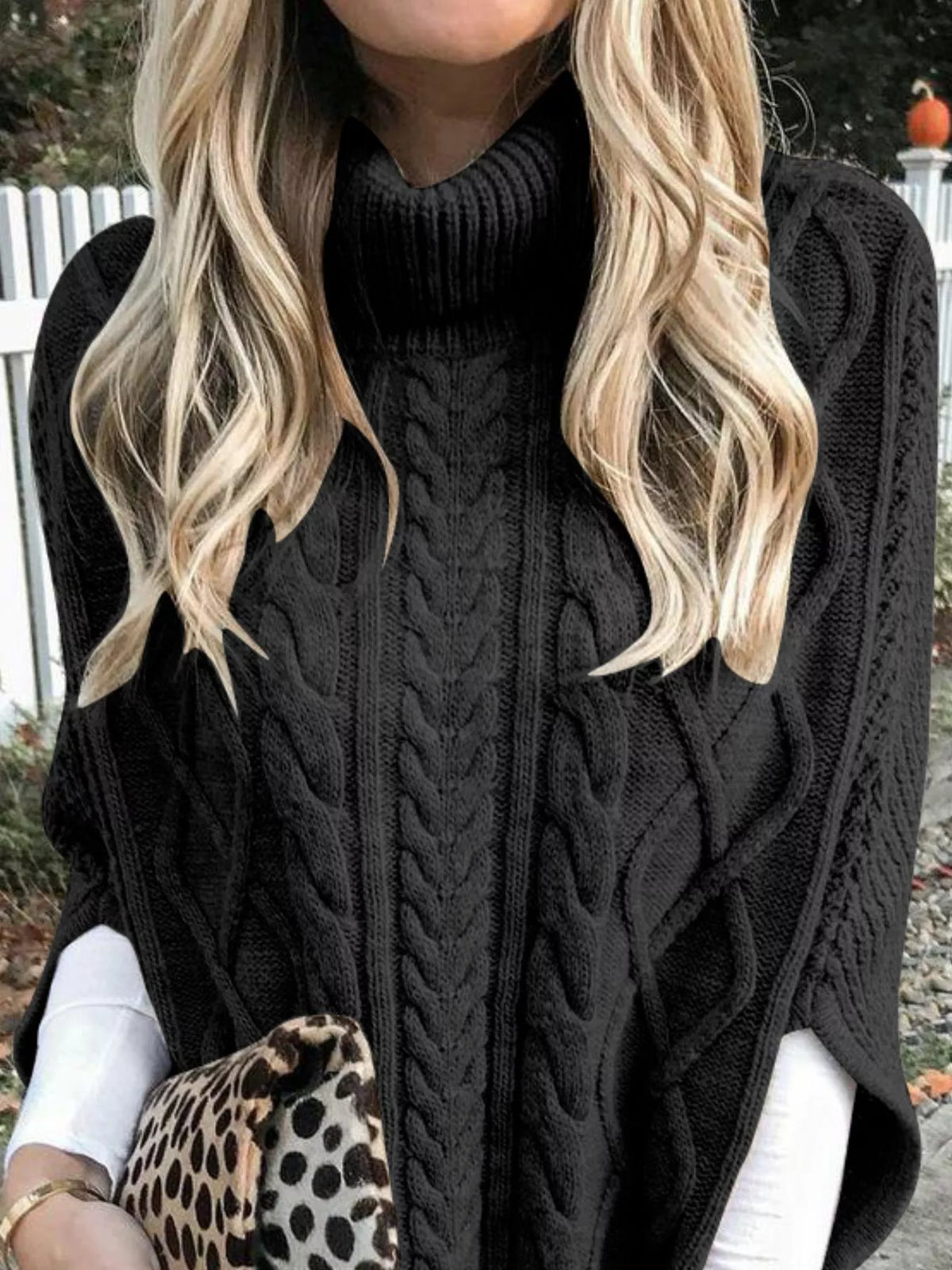 Chunky Cable Knit Turtleneck Poncho Cover Up (15)