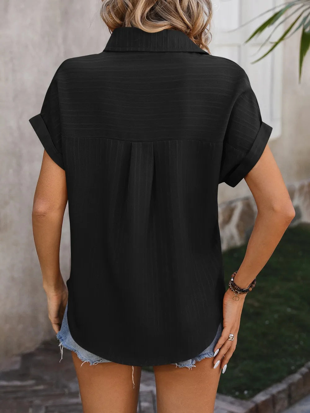 Textured Button Up Cap Sleeve Shirt (8)