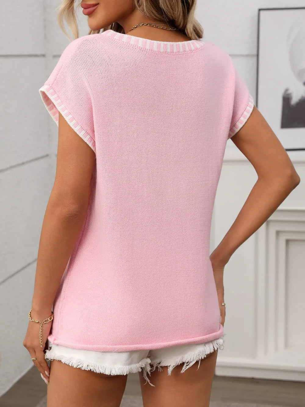 Contrast Trim V-neck Short Sleeve Knit Top (10)