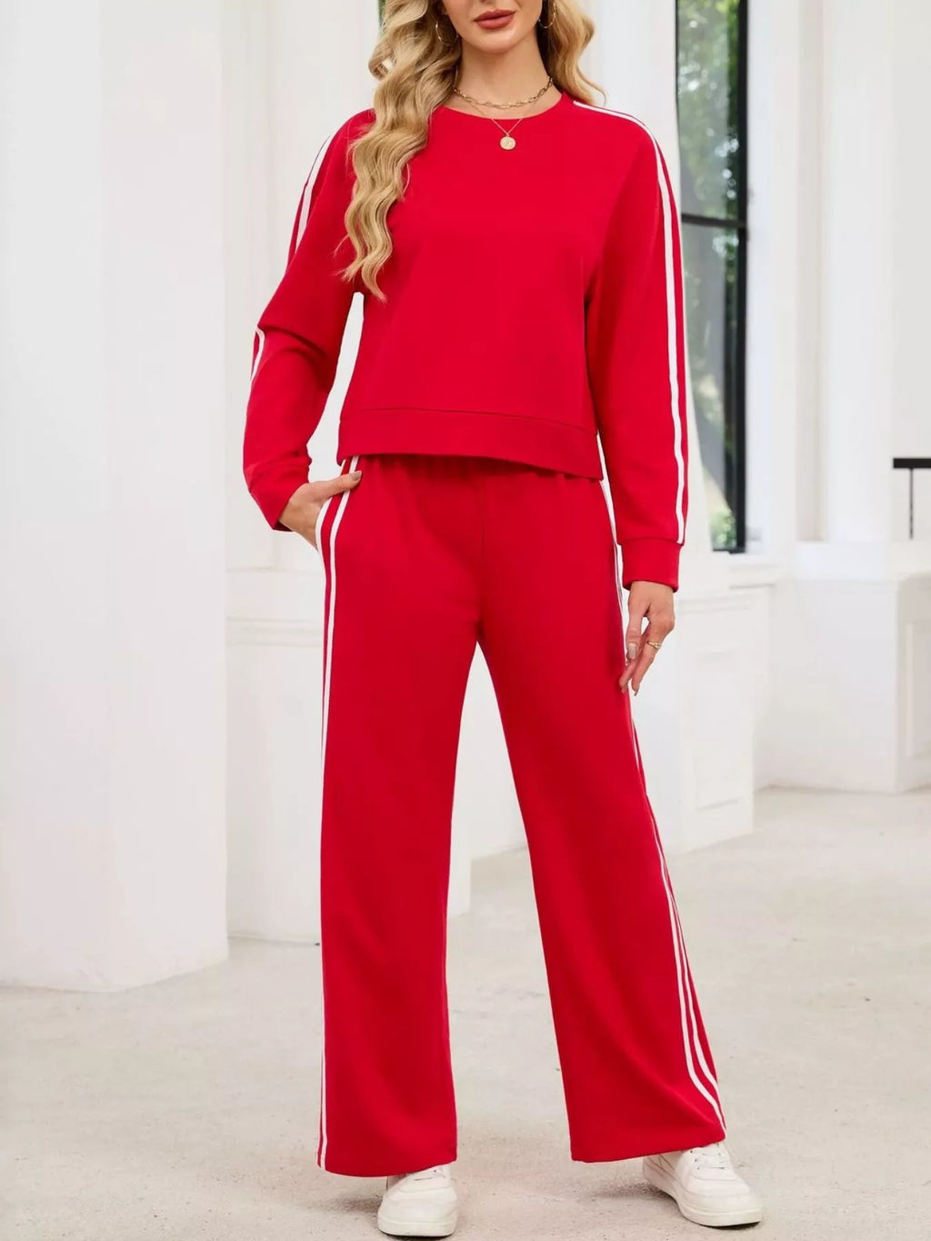Striped Round Neck Sweatshirt Pants Set (12)