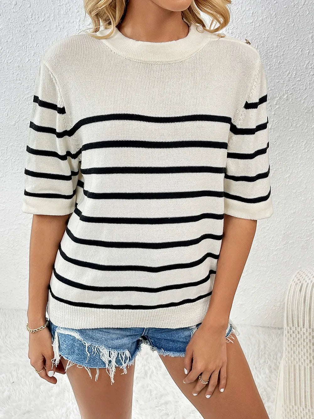 Striped Round Neck Half Sleeve Knit Top (14)