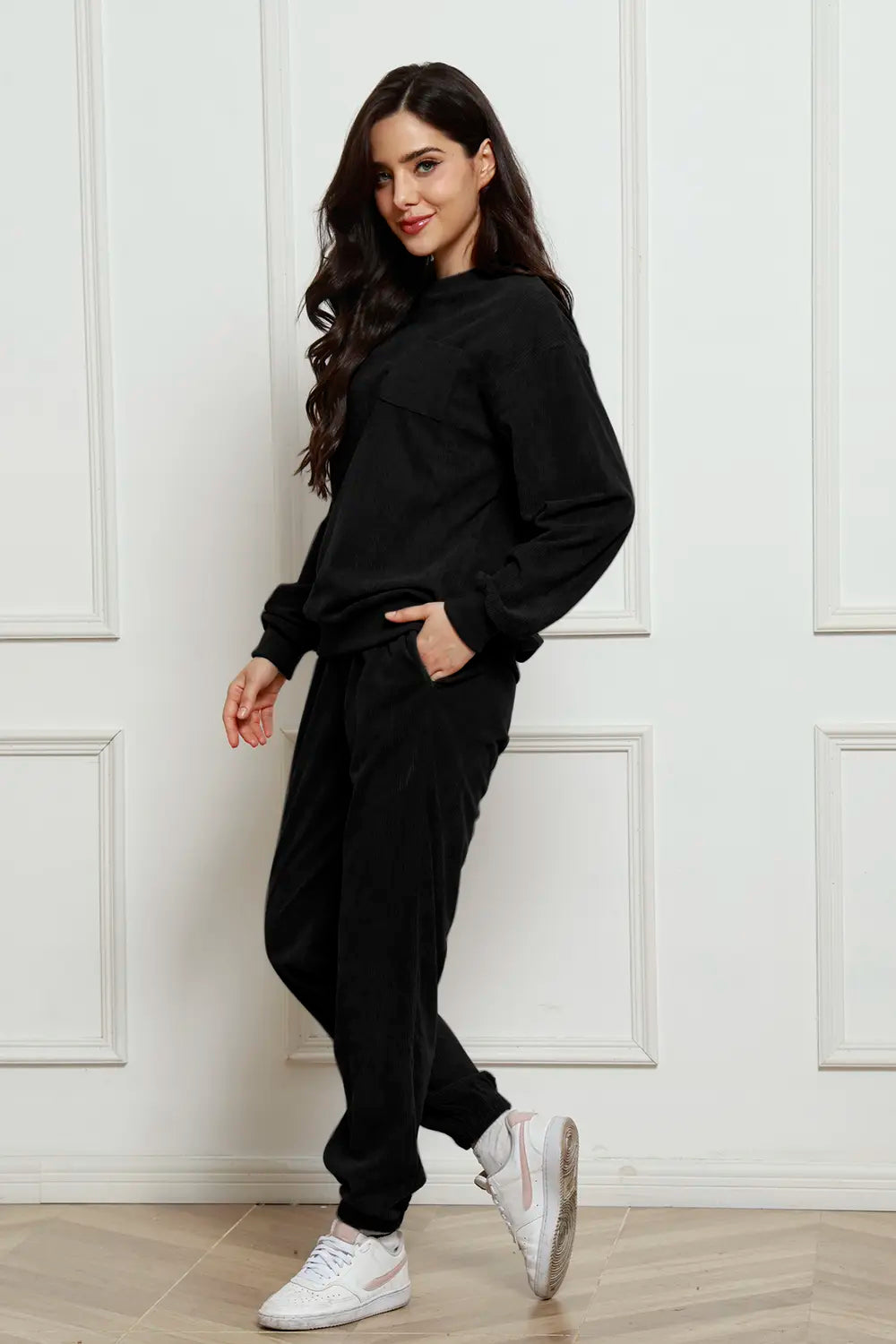 Corduroy Round Neck Sweatshirt Sweatpants Set (20)