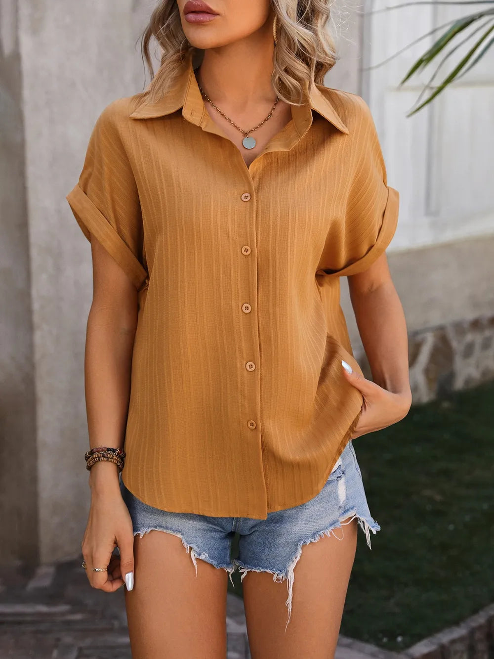 Textured Button Up Cap Sleeve Shirt (10)