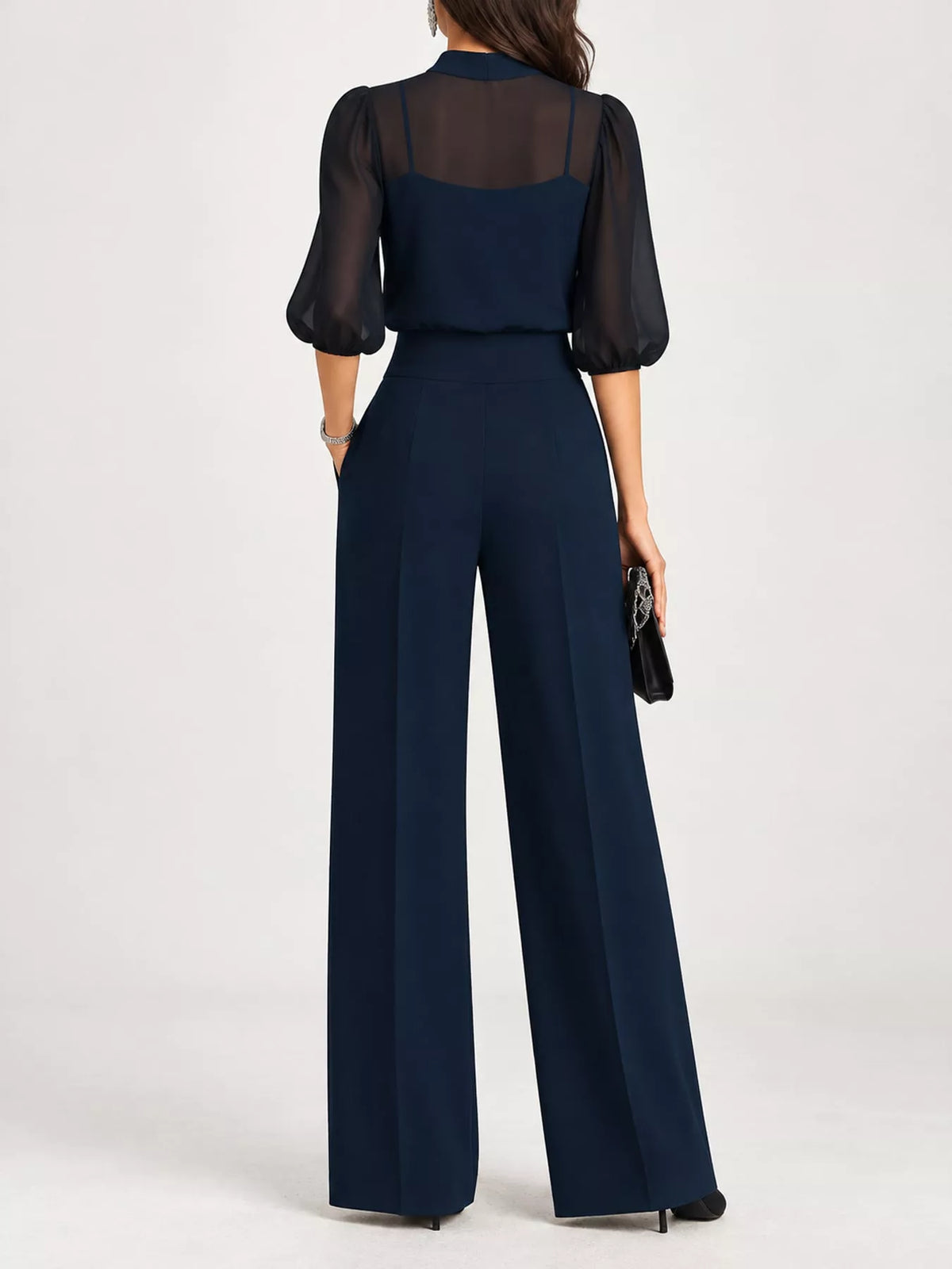 Mock Neck Puff Sleeve Top Wide Leg Pants Set (13)
