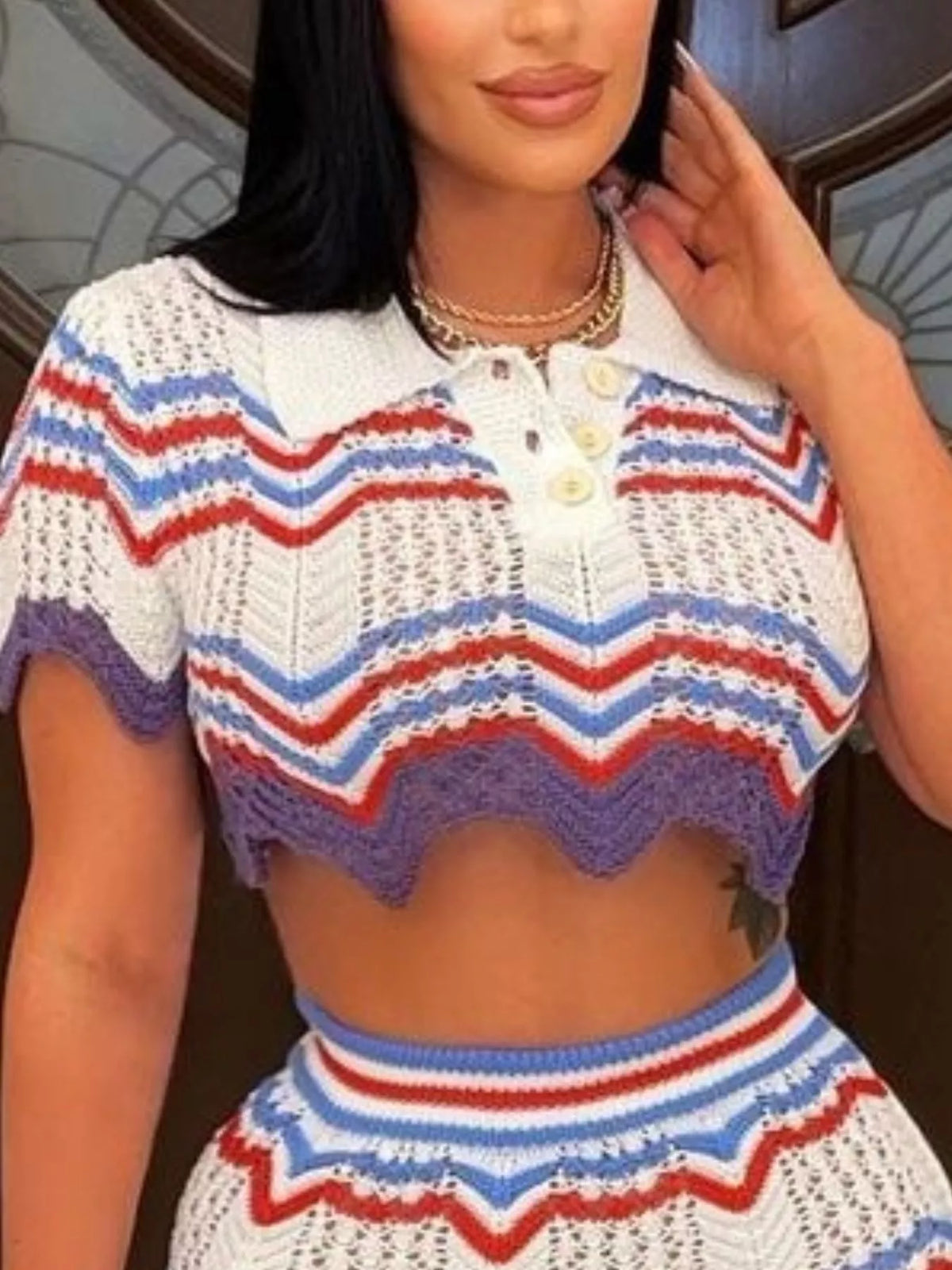 Chevron Knit Polo Crop Top Mini Skirt Set (5)