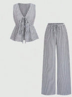 Striped Tie-front Sleeveless Top Pants Set (4)