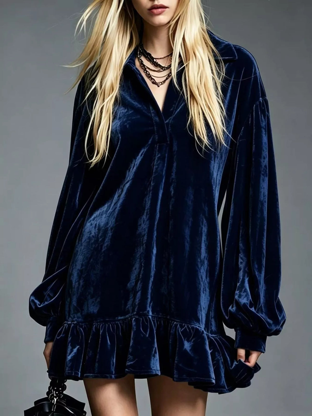 Full Size Velvet Ruffled Hem Long Sleeve Dress Plus (16)