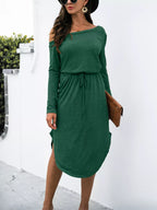 One-shoulder Long Sleeve Midi Dress Drawstring Waist (4)