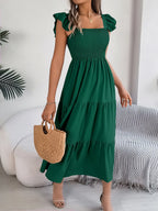 Smocked Square Neck Cap Sleeve Midi Dress (11)
