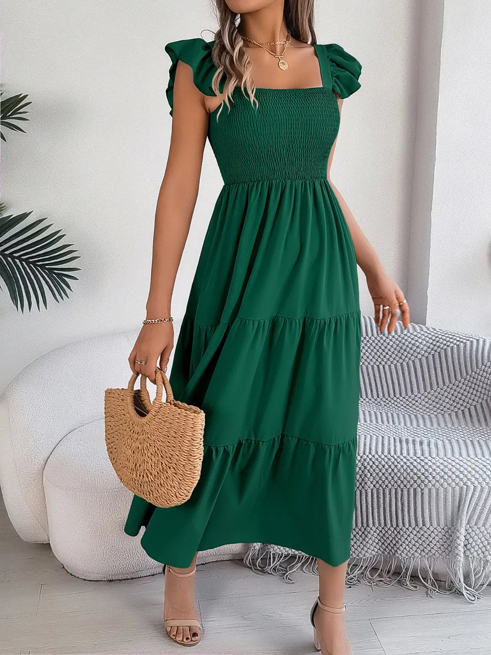 Smocked Square Neck Cap Sleeve Midi Dress (11)
