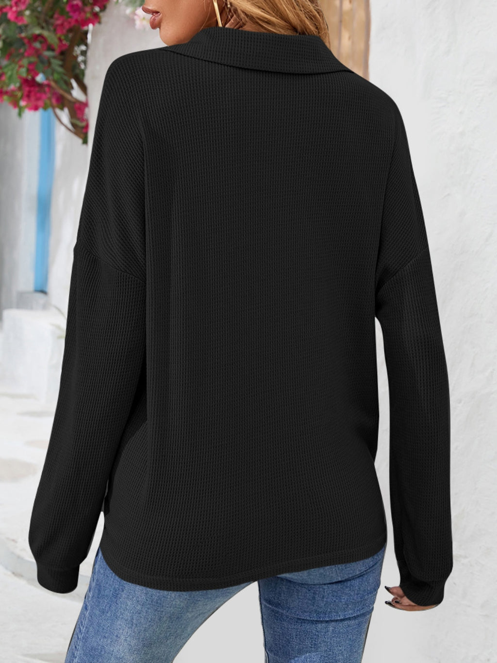 Half Button Collared Neck Long Sleeve Top (5)