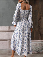 Floral Print Square Neck Flounce Sleeve Dress Side Slit (2)