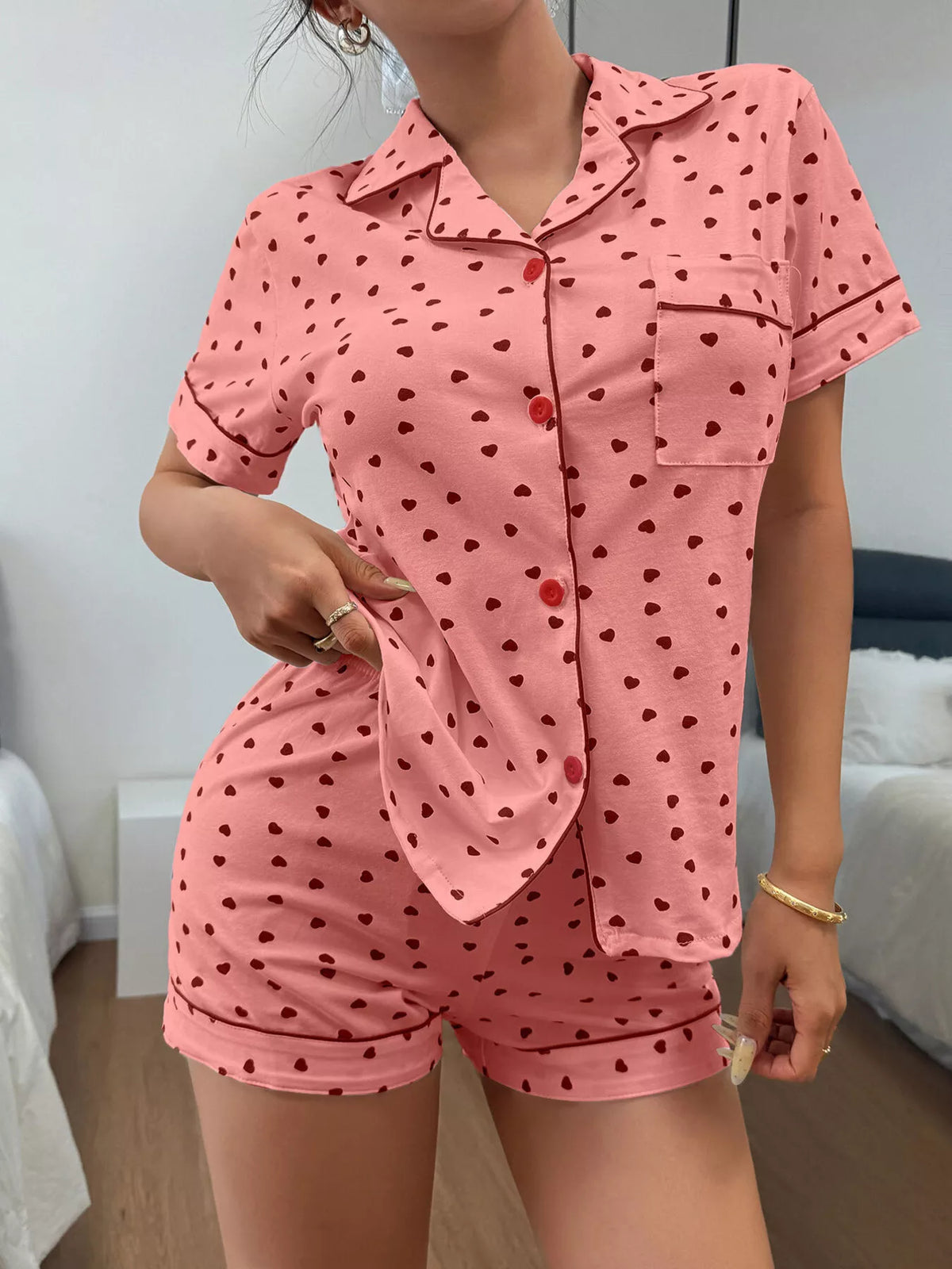 Heart Print Button-down Short Sleeve Top Shorts Lounge Set (4)