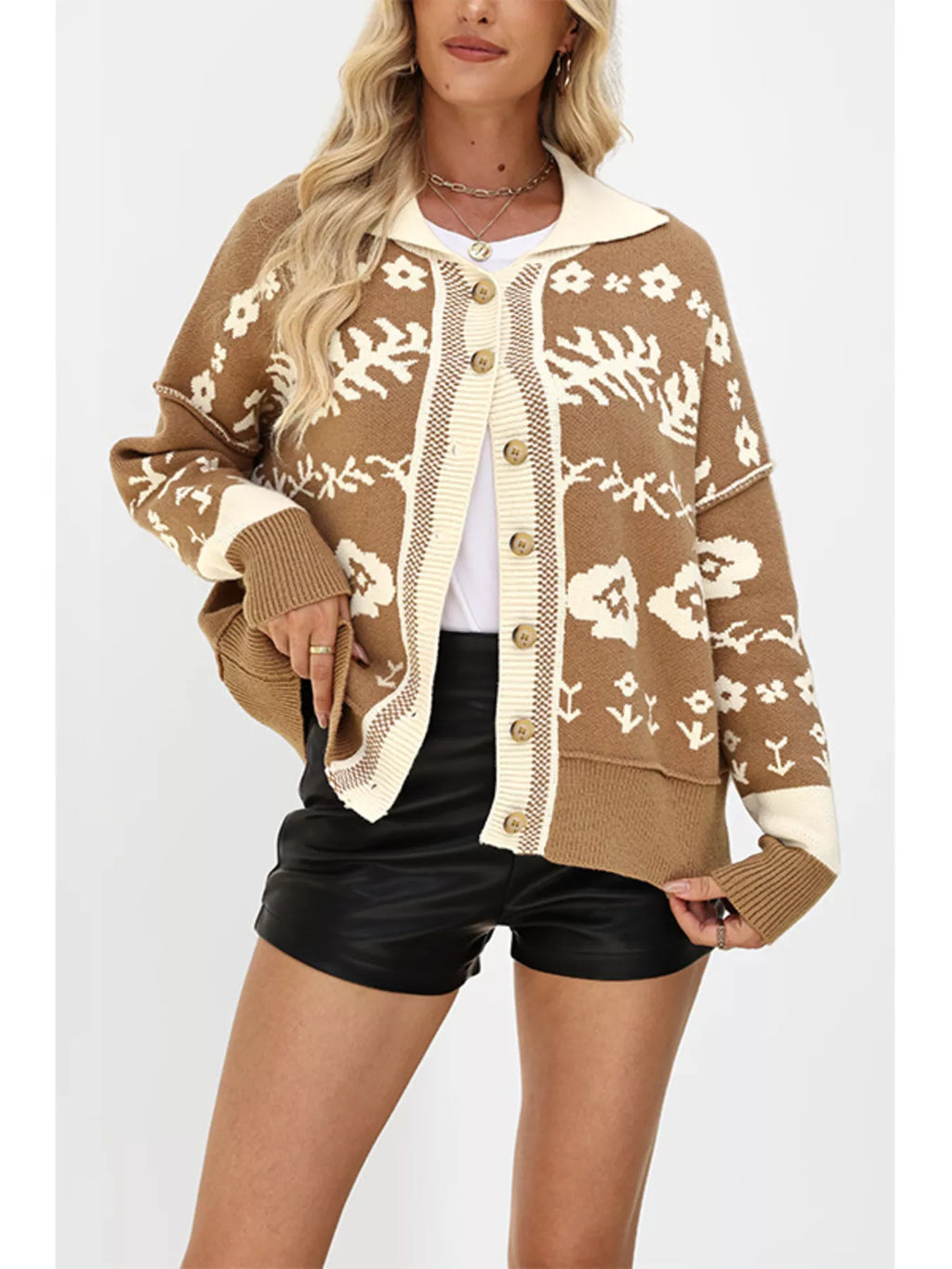 Floral Pattern Knit Cardigan Contrast Collar (4)