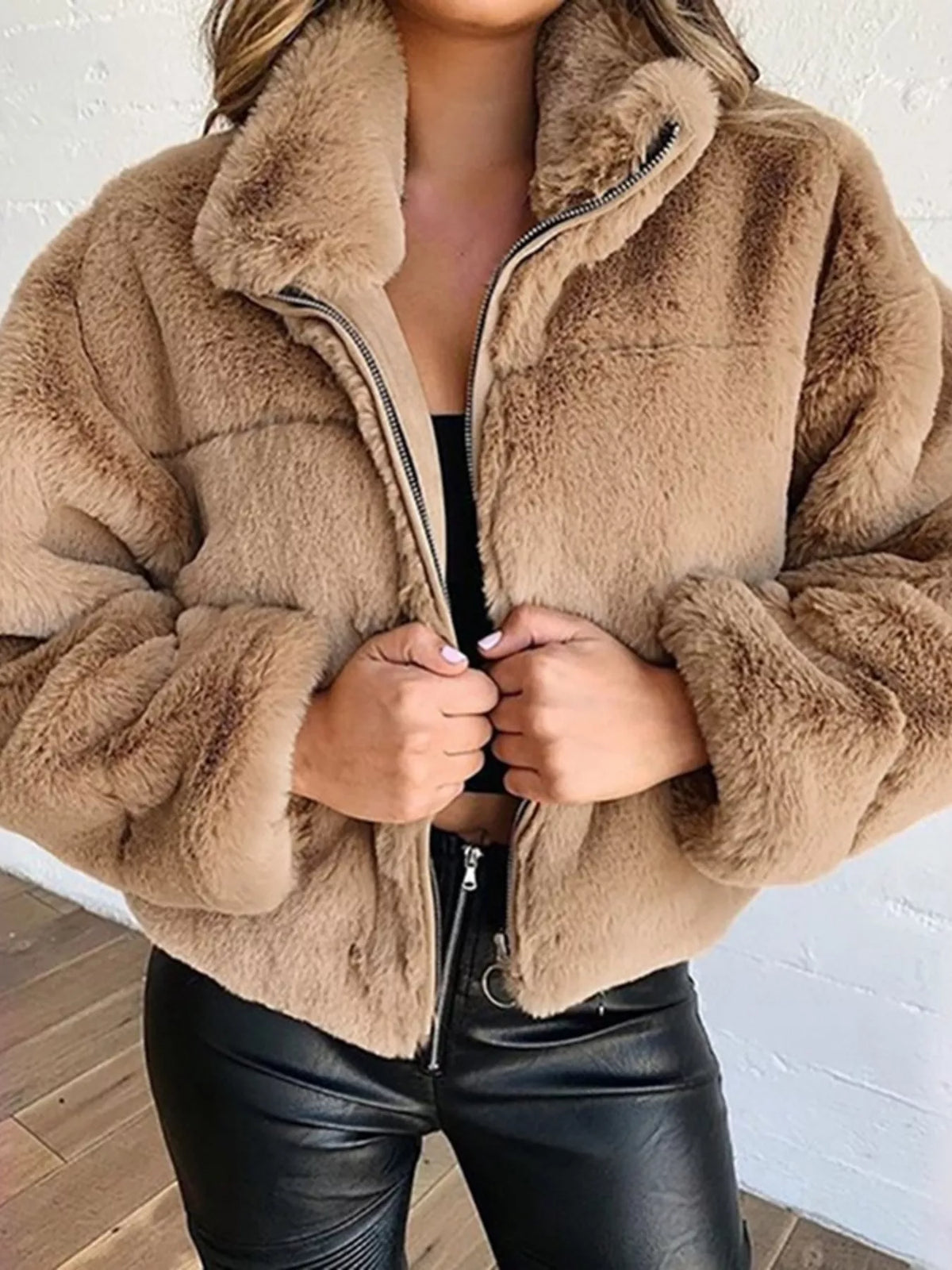 Full Size Faux Fur Cropped Zip-up Jacket Plus
