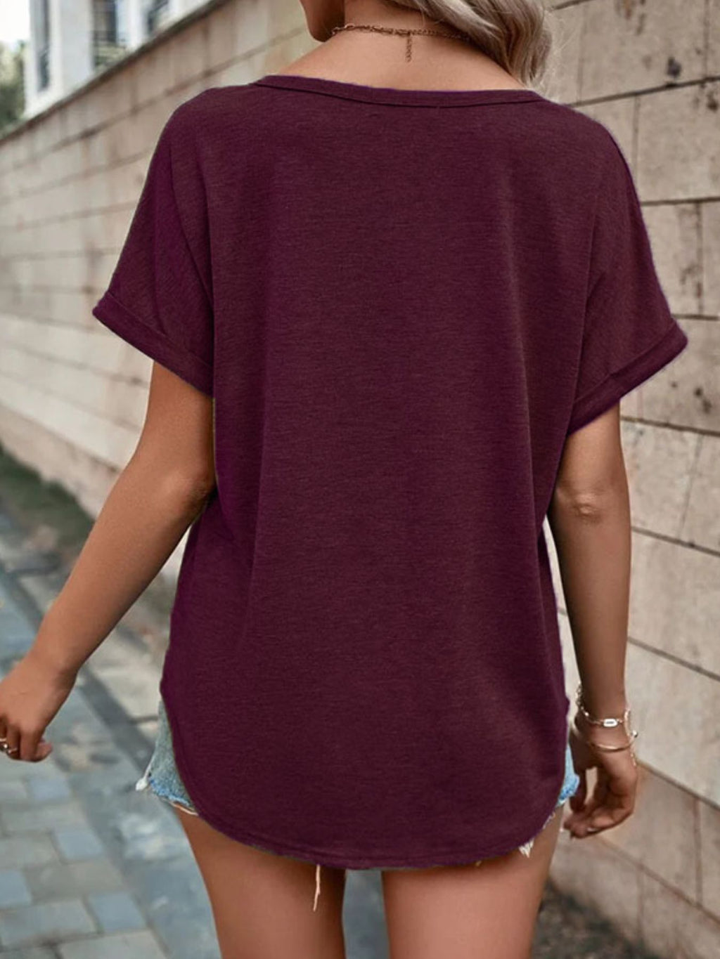 Full Size Decor Button Short Sleeve T-shirt Plus (9)