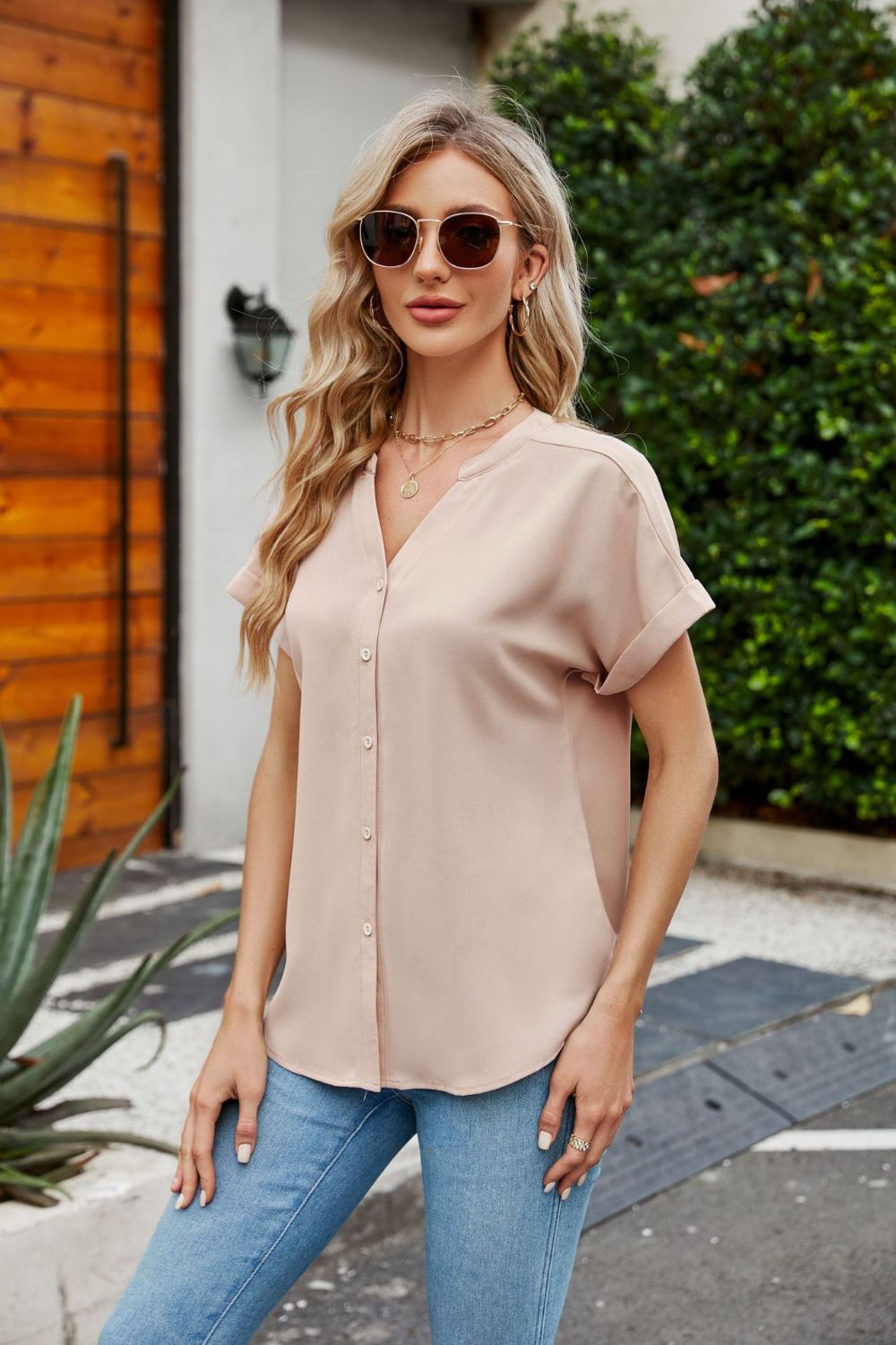 Notched Neck Cuffed Sleeve Shirt (8)