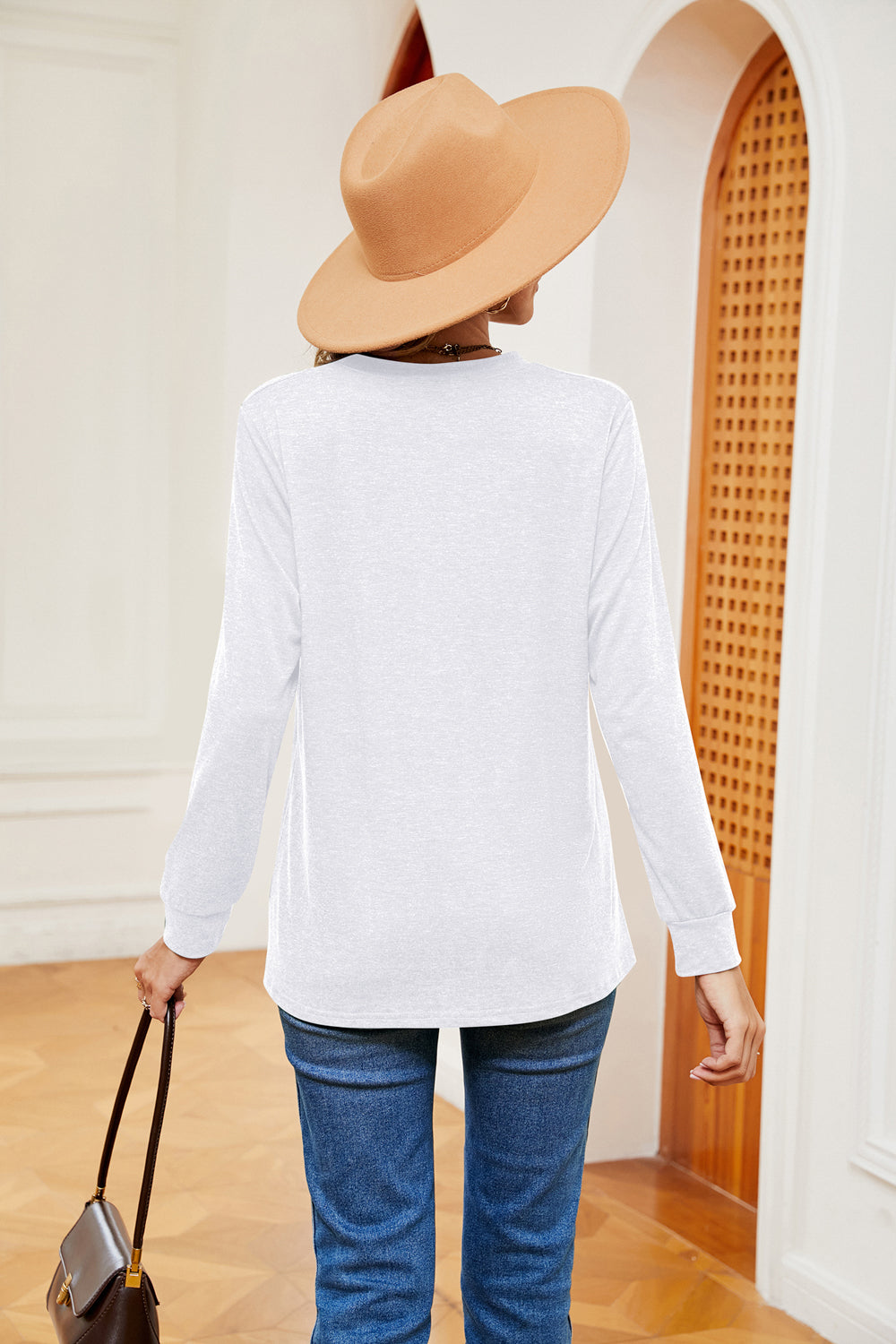 Buttoned Notched Neck Long Sleeve Top (8)
