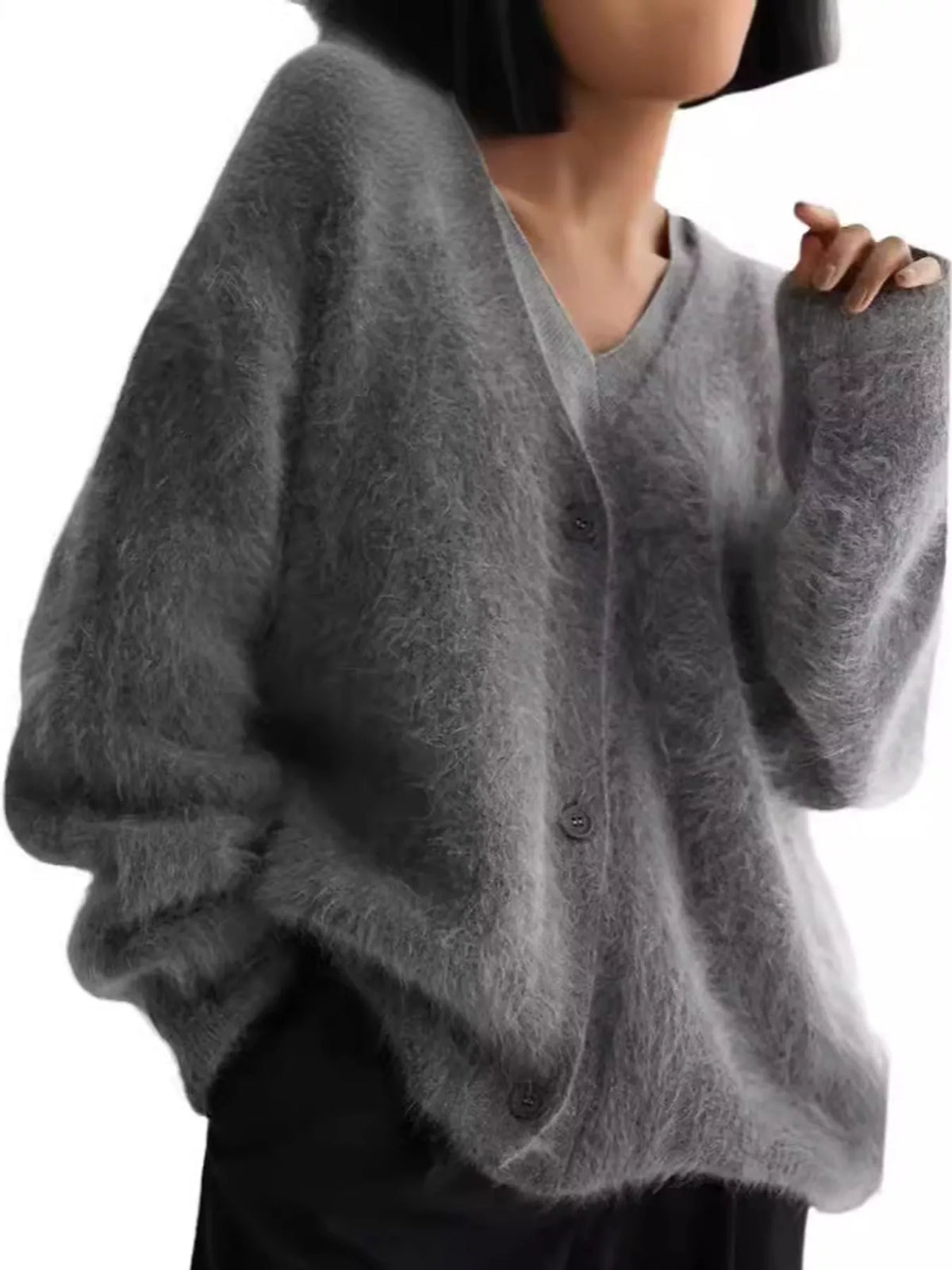 Fuzzy V-neck Button-down Cardigan (5)