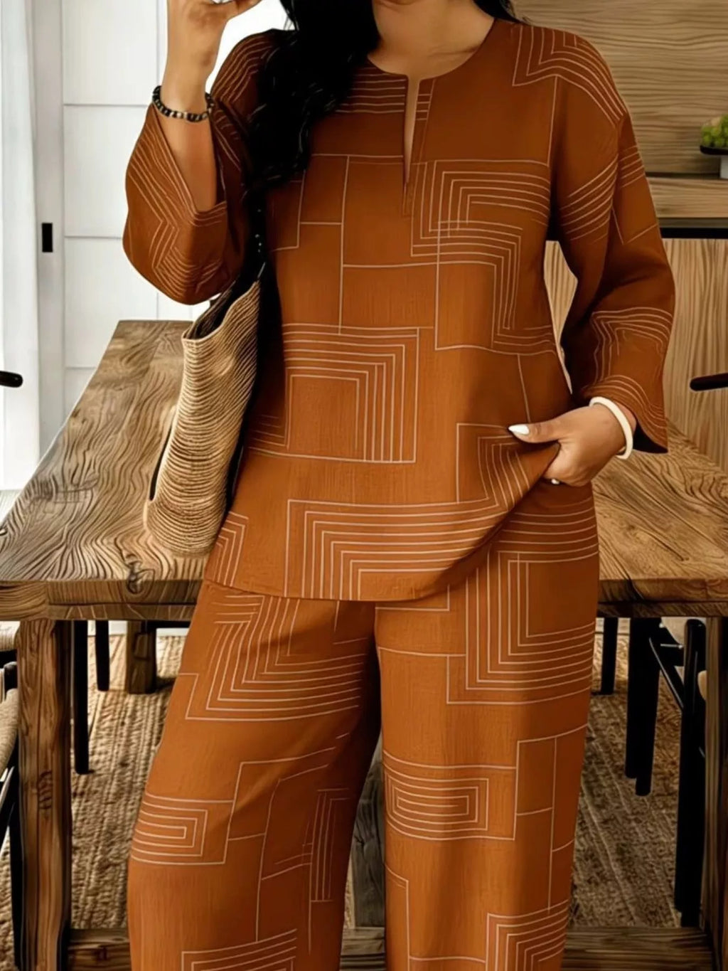 Geometric Print Relaxed Fit Top Pants Set (7)