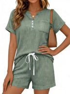 Casual Ribbed Knit Tee Shorts Set (2)
