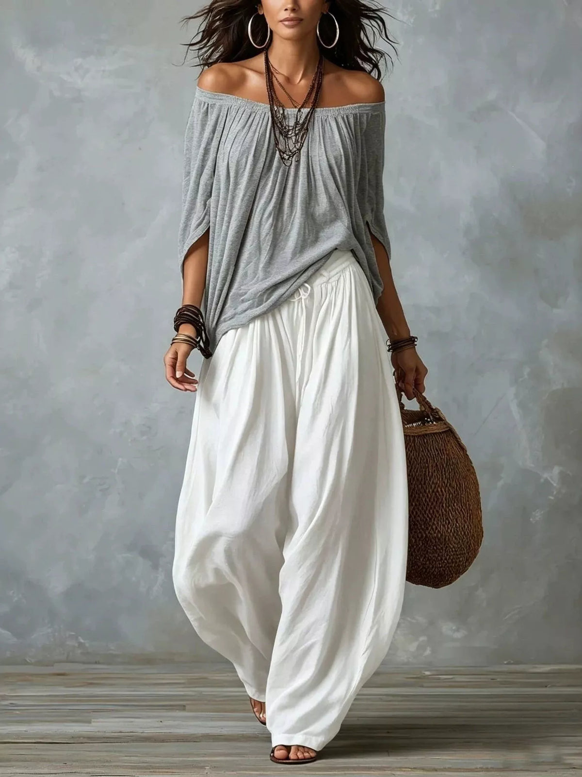 Full Size Off-shoulder Top Wide-leg Harem Pants Set Plus