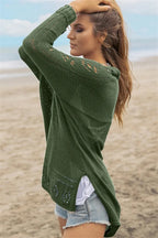 Openwork Side Slit Open Front Long Sleeve Cardigan (11)