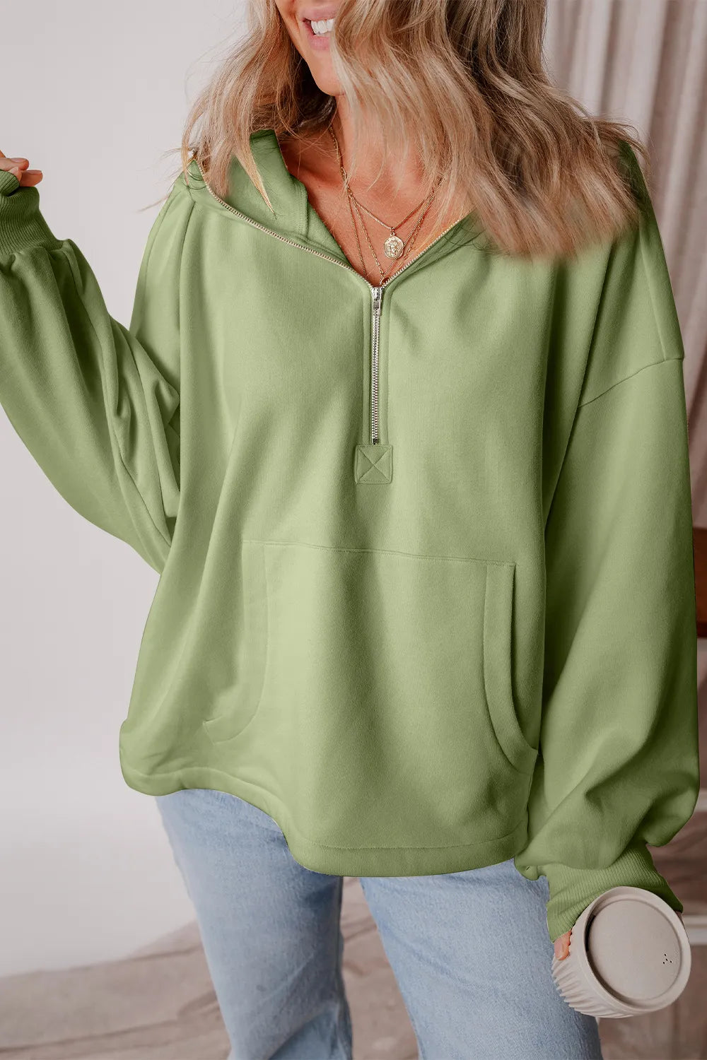 Pocketed Half Zip Dropped Shoulder Hoodie (11)