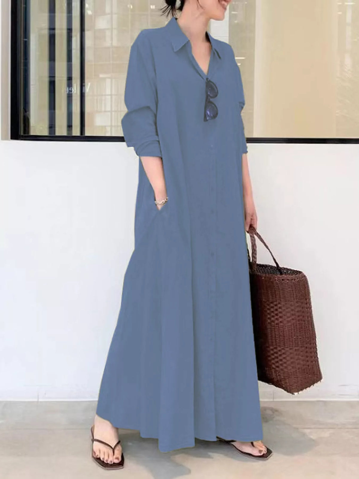 Full Size Button Front Long Sleeve Maxi Shirt Dress Plus (34)