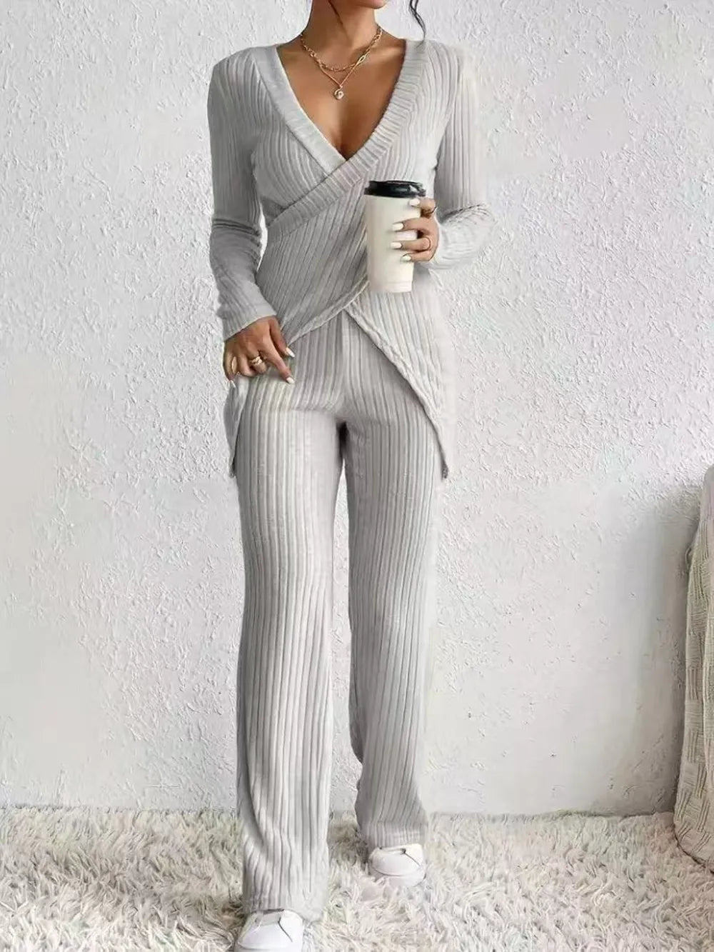 Surplice Long Sleeve Top Pants Set (11)