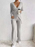 Surplice Long Sleeve Top Pants Set (11)