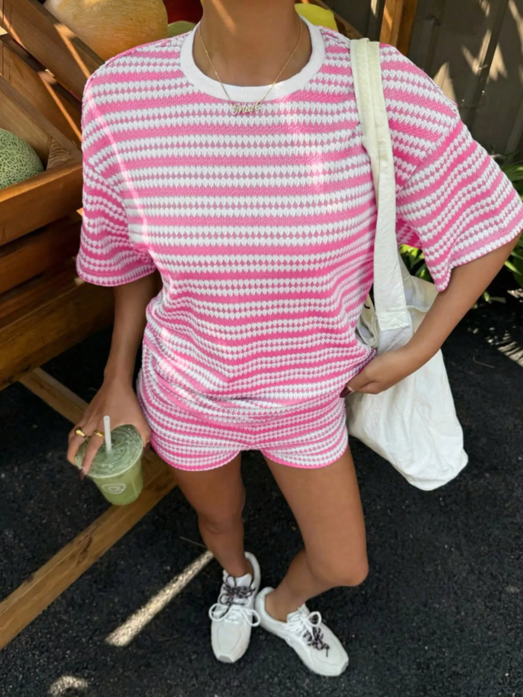 Striped Short Sleeve Top Shorts Set (17)