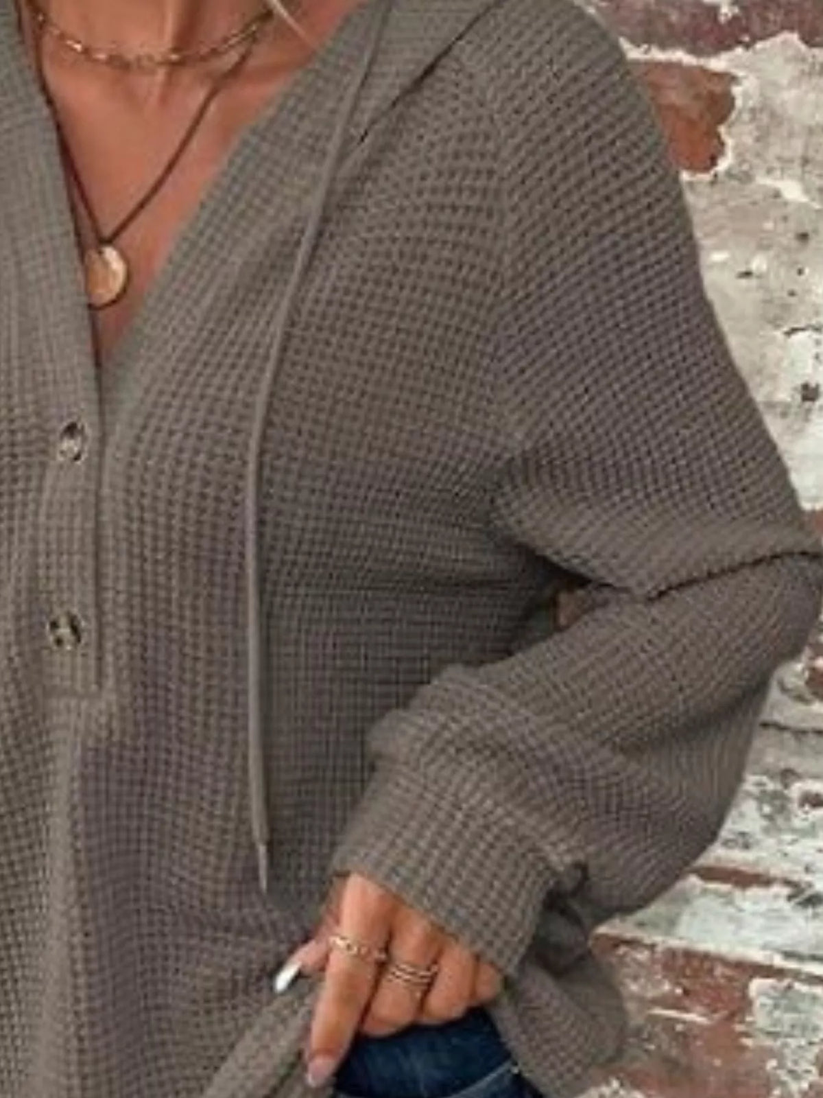 Waffle Knit Button Detail Hoodie (22)