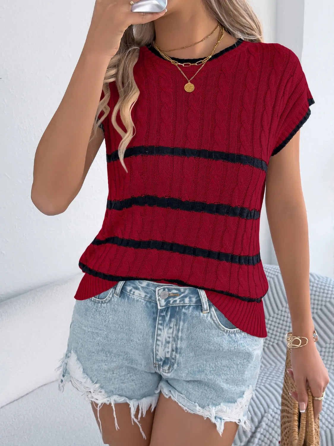 Cable-knit Striped Round Neck Knit Top (12)