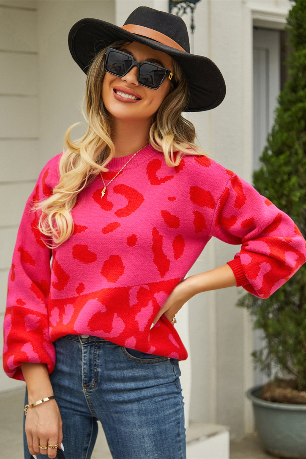 Woven Right Leopard Round Neck Dropped Shoulder Sweater (23)