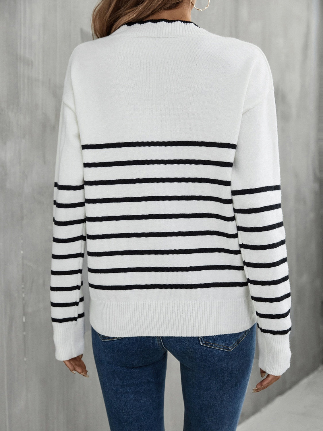 Striped V-neck Drop Shoulder Sweater (2)
